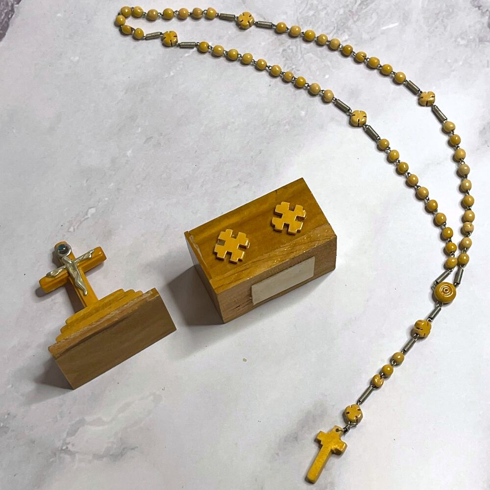 Vintage Wooden Rosary Box Crucifix Cross Sliding Lid Mini Beaded Rosary Catholic